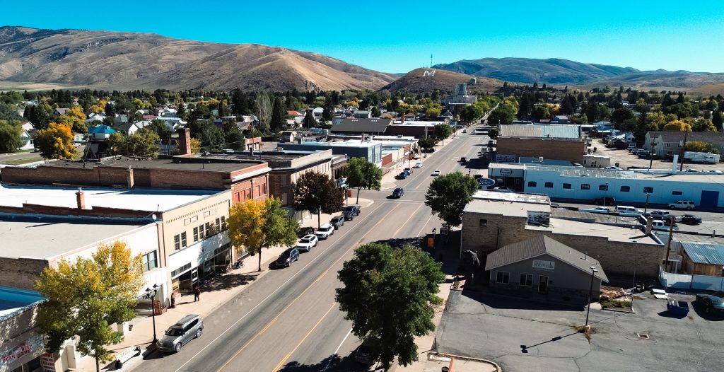 businesses along main street from an aerial view