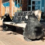 "beware of the bear" seat or bench being held by two bear statues
